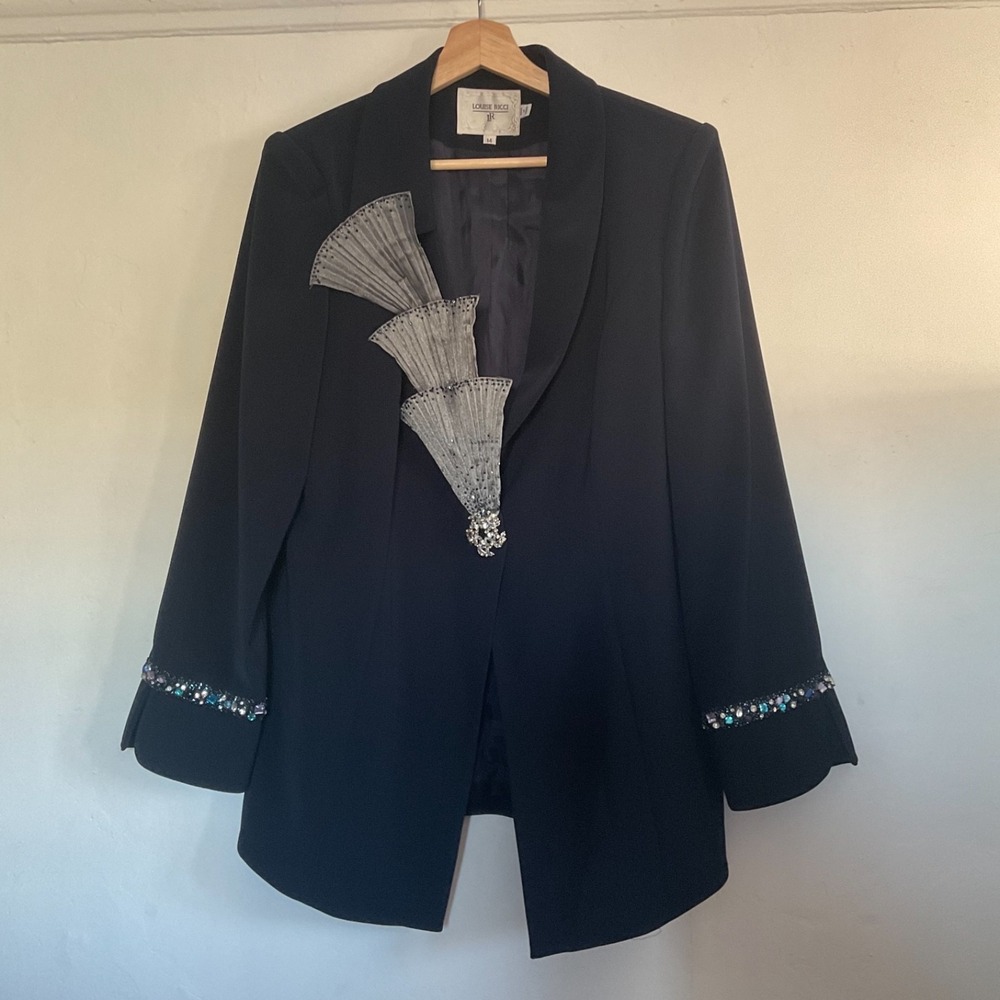 Louise Ricci Blazer Women's Size 14 Blue Rhinestone Embellished Elegant READ